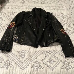 Blank NYC Black Leather Jacket with Floral Embroidery